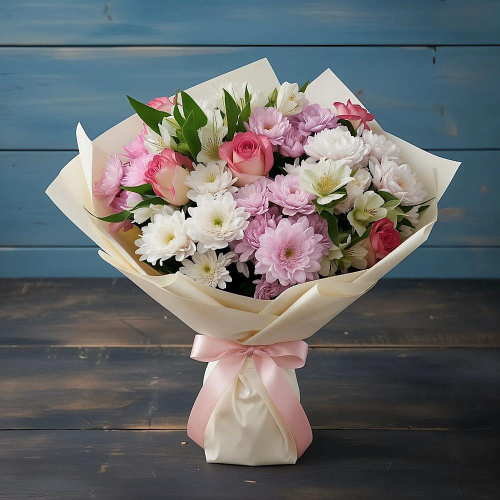 Букет цветов из: Хризантемы, Альстромерии и Розы в Заветном Краснодарского края